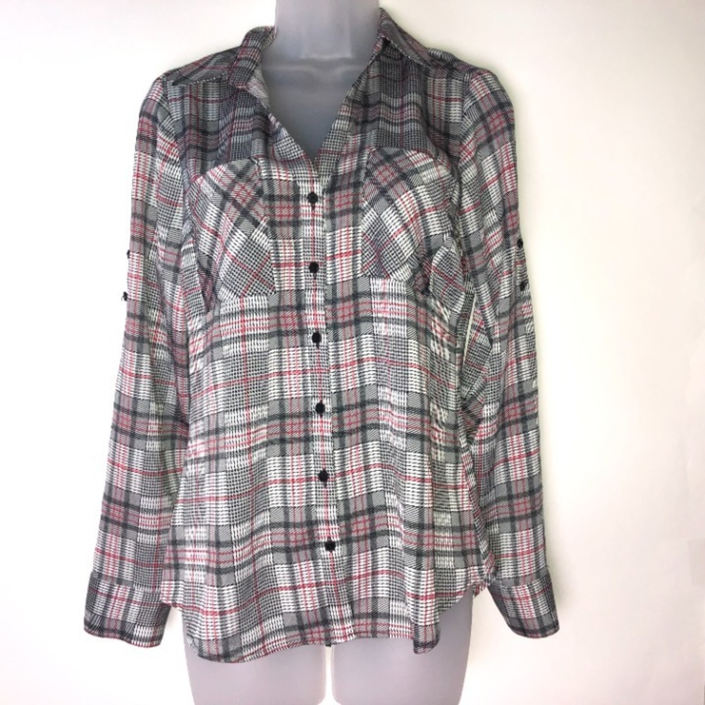 Express Portofino Black White Red‎ Plaid Shirt Slim Small Preppy Office